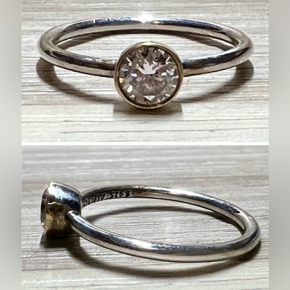 Designer Pandora Sterling Silver & 14k Gold Set Cubic Zirconia Ring, Size 6.5 - Picture 1 of 12